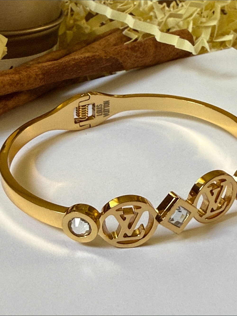 Fashion designer Gold-Tone Logo Crystal Bangle Bracelet - Picture 7 of 10